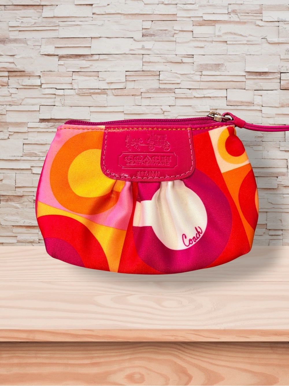 Coach Op Art Coin Case in Vibrant Pink & Orange Scarf Print